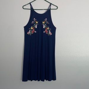 Navy blue sleeveless floral tee shirt dress